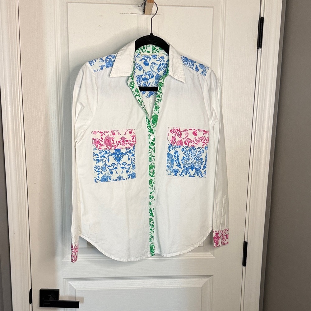 Roller Rabbit White Button-Down Shirt with Blue, Pink & Green Floral Accents - Picture 2 of 6